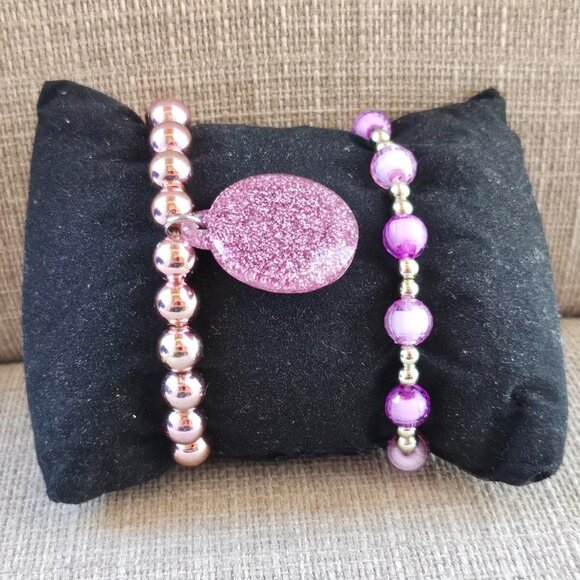 Girl Bracelet Set of 2 Purple and Gold Tone stretched Wrist Band Fashion Jewelry - Picture 7 of 11